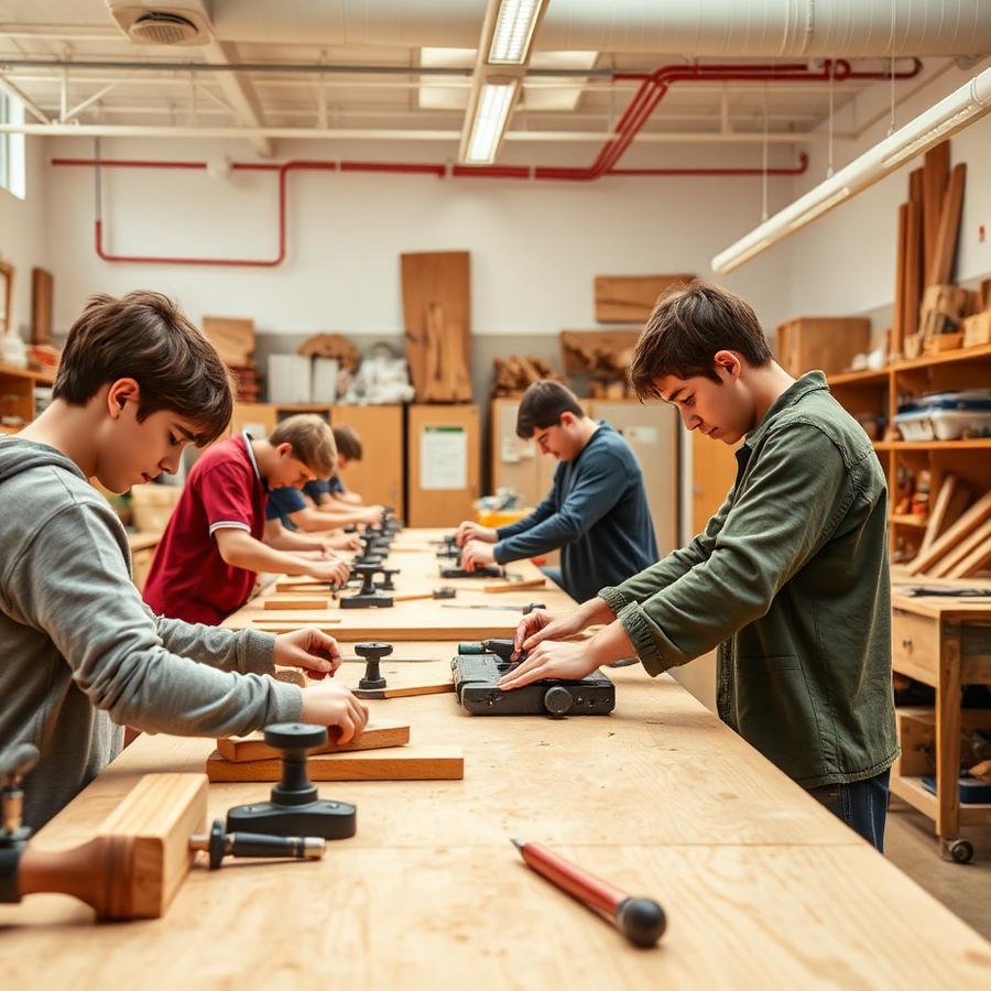 Students working in a school skilled-trades classroom